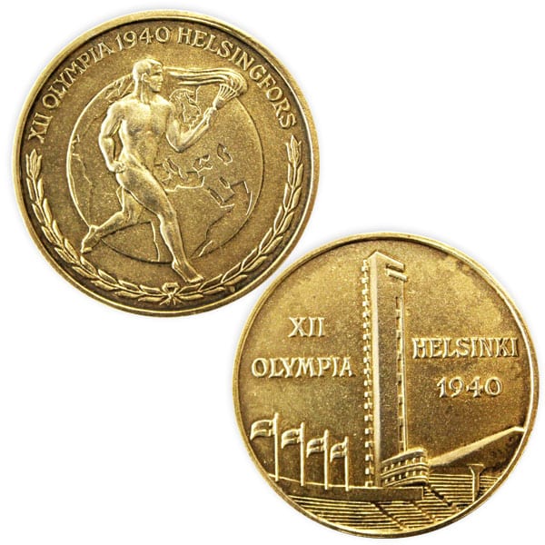 helsinki-1940_Olympic commemorative medal (gilded tambac) Helsinki Olympic Games 1940 Commemorative medal gilded tampac The Sports Museum of Finland
