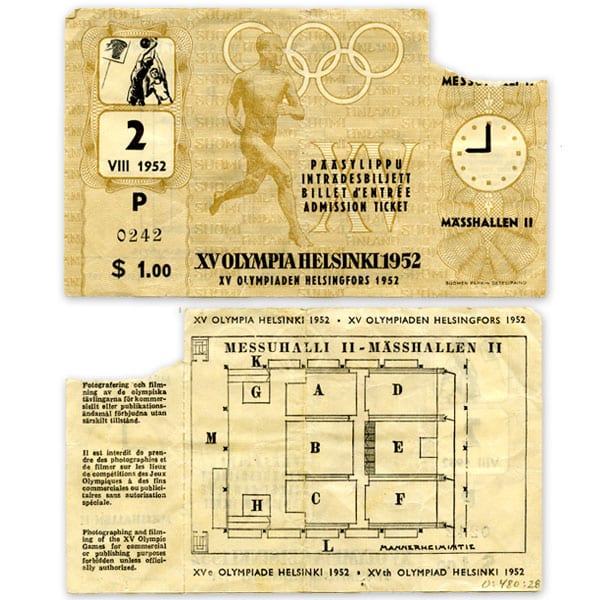 helsinki-1952_Admission ticket (basketball) Helsinki Olympic Games 1952 Admission ticket (basketball) The Sports Museum of Finland