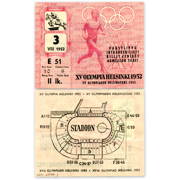 Admission ticket (equestrian showjumping) Helsinki Olympic Games 1952 Admission ticket (equestrian showjumping) The Sports Museum of Finland