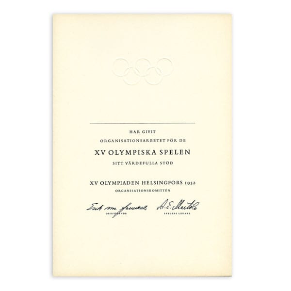 helsinki-1952_Diploma 1 Helsinki Olympic Games 1952 Diploma The Sports Museum of Finland